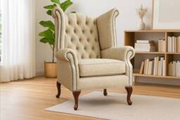 Somnior Chesterfield Queen Anne Scrolled Arm Chair Dapple Fabric in Cream - Size: 1 Seater