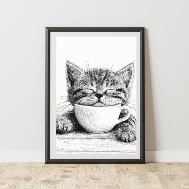 60 SECOND MAKEOVER Cat With Coffee Print Poster Wall Art - Size: A3 - image 1