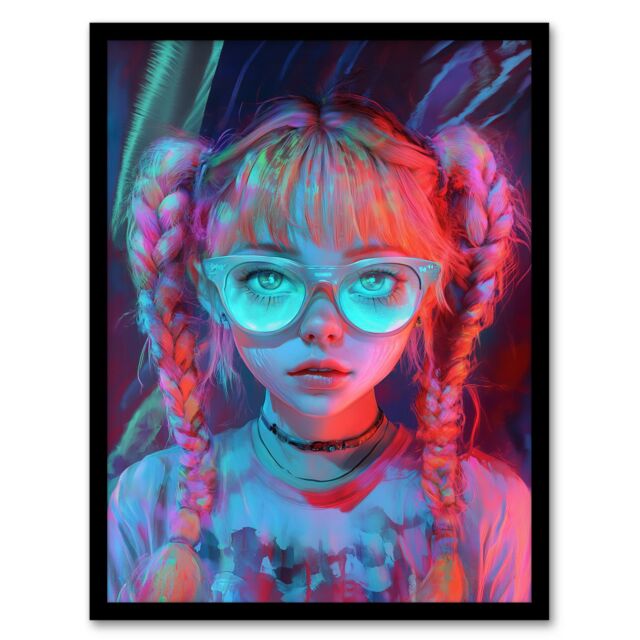 Artery8 Nerdy Braid Pigtails Glasses Neon Pink Blue Framed Art Print - Size: A4 - image 1