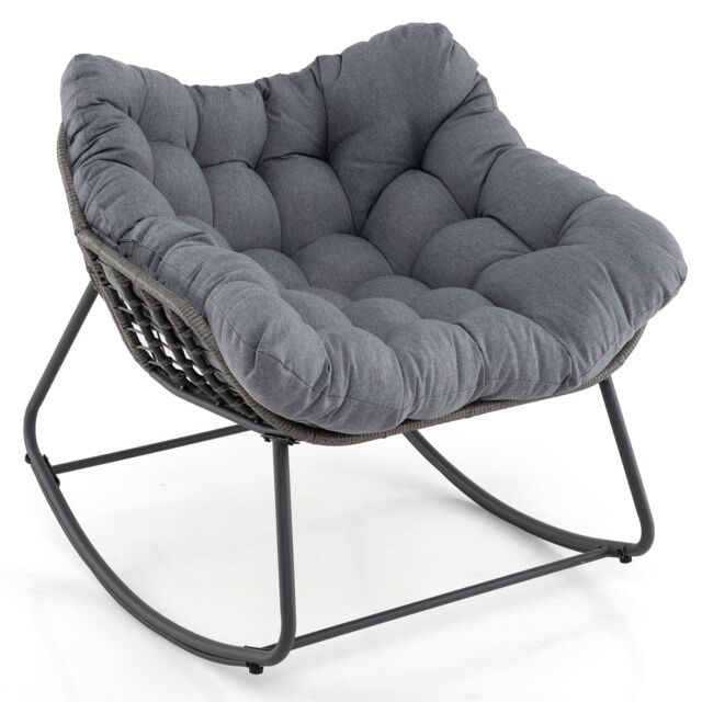 Costway Outdoor Rocking Chair Oversized Patio PE Wicker Egg Chair in Grey - image 1