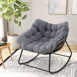 Costway Outdoor Rocking Chair Oversized Patio PE Wicker Egg Chair in Grey - thumbnail 4
