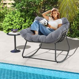Costway Outdoor Rocking Chair Oversized Patio PE Wicker Egg Chair in Grey - thumbnail 3