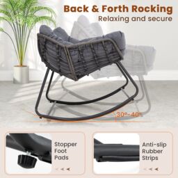 Costway Outdoor Rocking Chair Oversized Patio PE Wicker Egg Chair in Grey - thumbnail 5