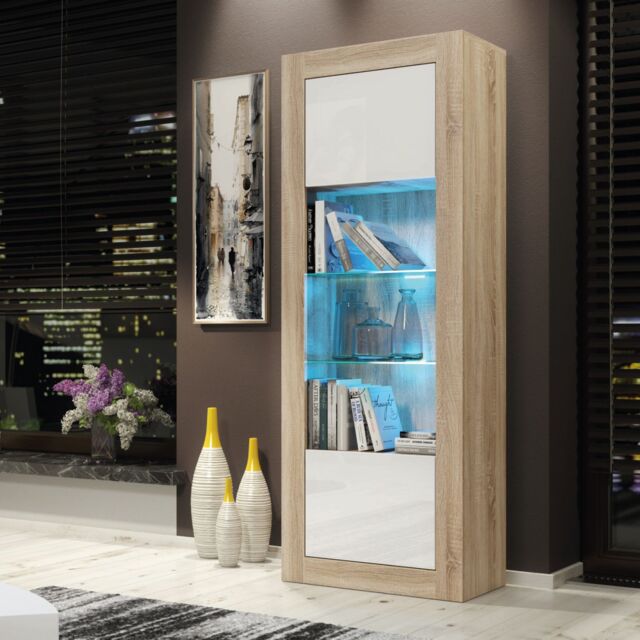 Creative Furniture Illume Display Cabinet 170cm - A Stylish & Modern Cabinet with Glass Shelves & LED Lights in Light Oak - image 1