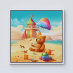 "Warren Reed - Designer Bear On A Beach Holiday Framed Canvas in Off-White - Size: W30"" x H30""" - thumbnail 1