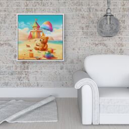 "Warren Reed - Designer Bear On A Beach Holiday Framed Canvas in Off-White - Size: W30"" x H30""" - thumbnail 2