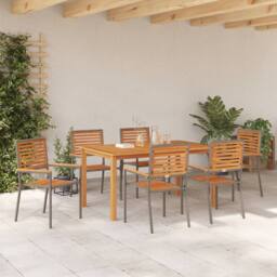 Berkfield Home 7 Piece Garden Dining Set Grey Poly Rattan Acacia - thumbnail 4
