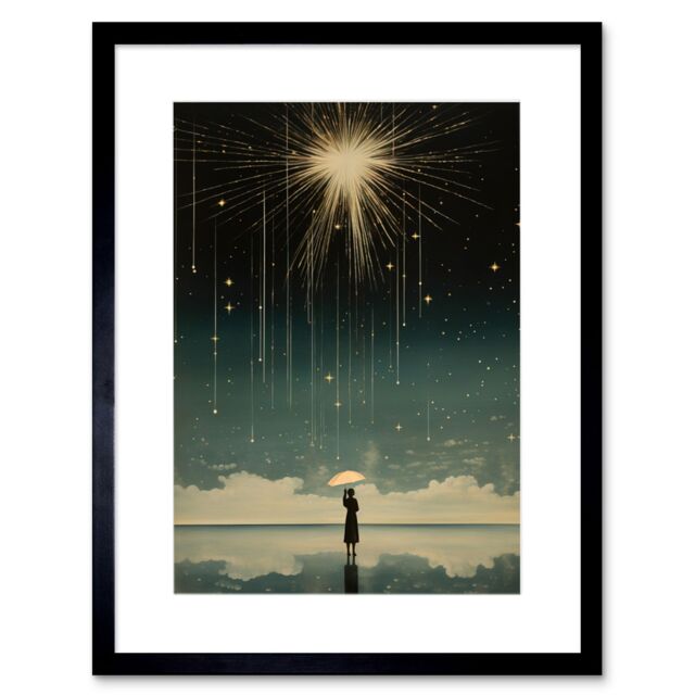 Artery8 Wall Art Print Falling Star Rain Dreamy Artwork Bright Star Wish Woman with Umbrella Fairytale Dreamscape Artwork Framed 9X7 Inch - image 1