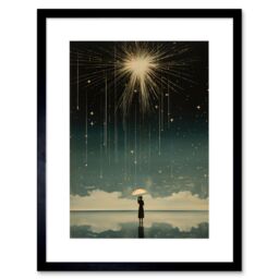 Artery8 Wall Art Print Falling Star Rain Dreamy Artwork Bright Star Wish Woman with Umbrella Fairytale Dreamscape Artwork Framed 9X7 Inch - thumbnail 1