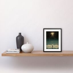 Artery8 Wall Art Print Falling Star Rain Dreamy Artwork Bright Star Wish Woman with Umbrella Fairytale Dreamscape Artwork Framed 9X7 Inch - thumbnail 2