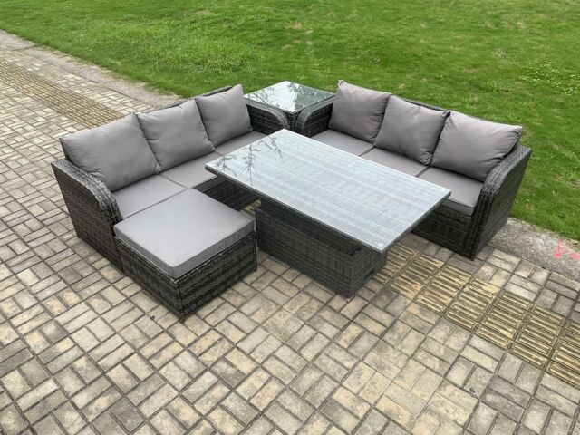 Fimous Outdoor Rattan Garden Furniture Sets Height Adjustable Rising lifting Dining Table Sofa Set with Side Table in Dark Grey - image 1