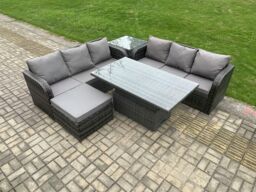 Fimous Outdoor Rattan Garden Furniture Sets Height Adjustable Rising lifting Dining Table Sofa Set with Side Table in Dark Grey - thumbnail 1