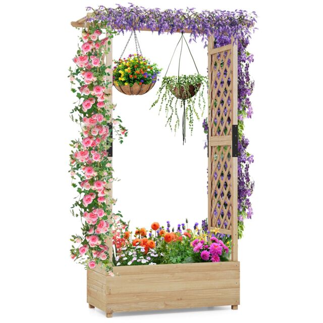 Gymax Raised Garden Bed Fir Wood Planter Box with Hanging Roof-Natural in Light Khaki - image 1
