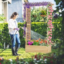 Gymax Raised Garden Bed Fir Wood Planter Box with Hanging Roof-Natural in Light Khaki - thumbnail 3