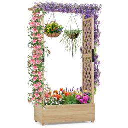 Gymax Raised Garden Bed Fir Wood Planter Box with Hanging Roof-Natural in Light Khaki