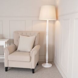 ValueLights Victoria White Wood Traditional Floor Lamp with Fabric Tapered Shade & Bulb in Cream - thumbnail 1