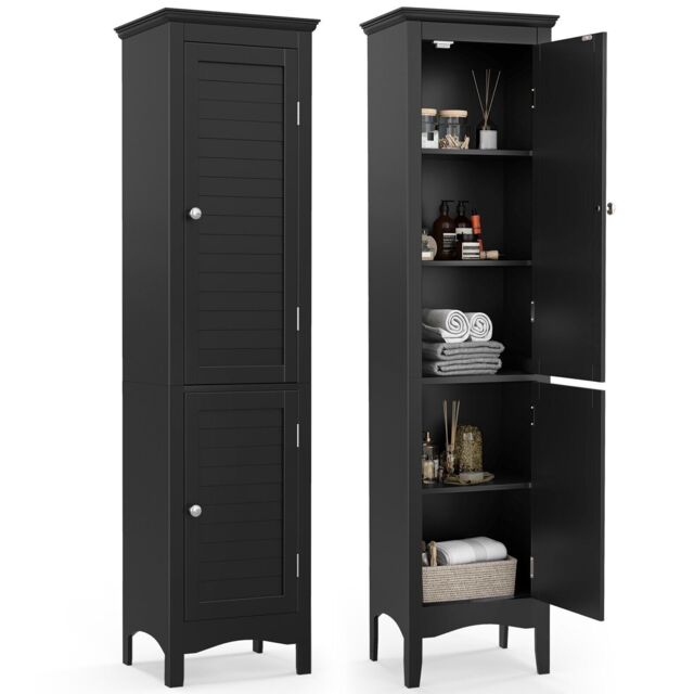 Costway 5-Tier Bathroom Tall Cabinet Slim Freestanding Storage Organizer Cupboard 2 Door in Black