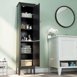 Costway 5-Tier Bathroom Tall Cabinet Slim Freestanding Storage Organizer Cupboard 2 Door in Black - thumbnail 3