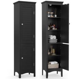 Costway 5-Tier Bathroom Tall Cabinet Slim Freestanding Storage Organizer Cupboard 2 Door in Black - thumbnail 1