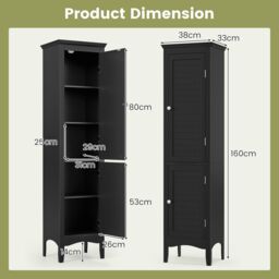 Costway 5-Tier Bathroom Tall Cabinet Slim Freestanding Storage Organizer Cupboard 2 Door in Black - thumbnail 2