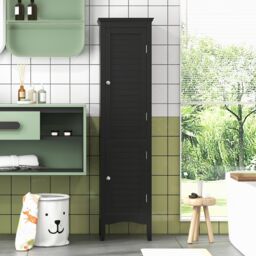Costway 5-Tier Bathroom Tall Cabinet Slim Freestanding Storage Organizer Cupboard 2 Door in Black - thumbnail 5