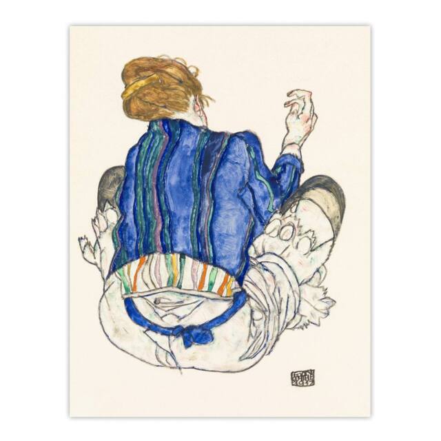 "Artery8 Seated Woman Back View Painting Vintage Wall Art Print Schiele in Blue - Size: W12"" x H16""" - image 1