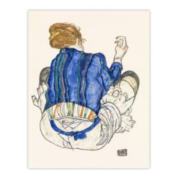 "Artery8 Seated Woman Back View Painting Vintage Wall Art Print Schiele in Blue - Size: W12"" x H16""" - thumbnail 1