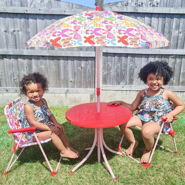 OUTSUNNY Kids Folding Picnic Table Chair Set Butterfly Pattern Outdoor with Parasol, Pink - image 1