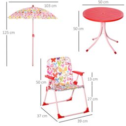 OUTSUNNY Kids Folding Picnic Table Chair Set Butterfly Pattern Outdoor with Parasol, Pink - thumbnail 3