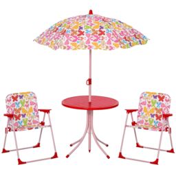 OUTSUNNY Kids Folding Picnic Table Chair Set Butterfly Pattern Outdoor with Parasol, Pink - thumbnail 2