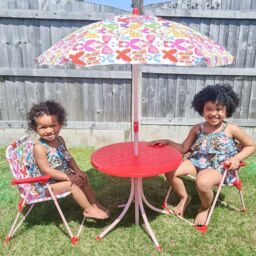 OUTSUNNY Kids Folding Picnic Table Chair Set Butterfly Pattern Outdoor with Parasol, Pink