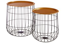 Orsina Set of 2 Black Round Basket Side Tables, Wirefame Side Tables with Gold Tops, Endtables for living room - thumbnail 2