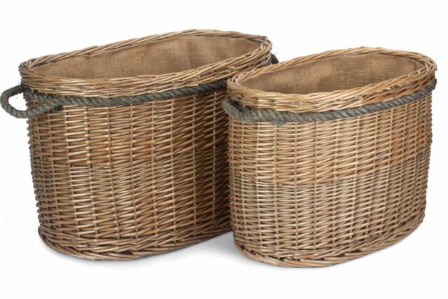 Red Hamper Wicker Set 2 Oval Rope Handled Log Baskets in Brown - image 1