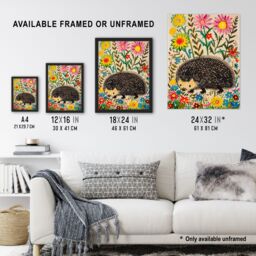 "Artery8 Hedgehog in Wildflower Garden Folk Art Painting Framed Art Print - Size: W12"" x H16""" - thumbnail 3