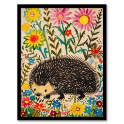 "Artery8 Hedgehog in Wildflower Garden Folk Art Painting Framed Art Print - Size: W12"" x H16""" - thumbnail 1