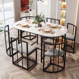 Matteo Modern Dining Table Set with Six Chairs & Grey Cushions - thumbnail 1