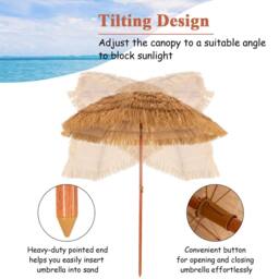 Gymax 180CM Thatched Tiki Beach Umbrella Tilt Hawaiian Patio Portable Parasol in Khaki - thumbnail 3