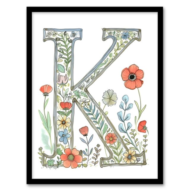 Artery8 Women's Wall Art Print Letter K Watercolour Wildflowers Delicate Nature Floral Word Art Framed - Size: A4 - image 1