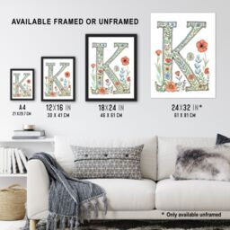 Artery8 Women's Wall Art Print Letter K Watercolour Wildflowers Delicate Nature Floral Word Art Framed - Size: A4 - thumbnail 3