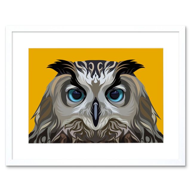 "Artery8 Wall Art Print Owl On Orange Art Framed 9x7 inch in White - Size: W7"" x H9""" - image 1