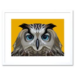 "Artery8 Wall Art Print Owl On Orange Art Framed 9x7 inch in White - Size: W7"" x H9""" - thumbnail 1