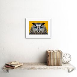 "Artery8 Wall Art Print Owl On Orange Art Framed 9x7 inch in White - Size: W7"" x H9""" - thumbnail 2