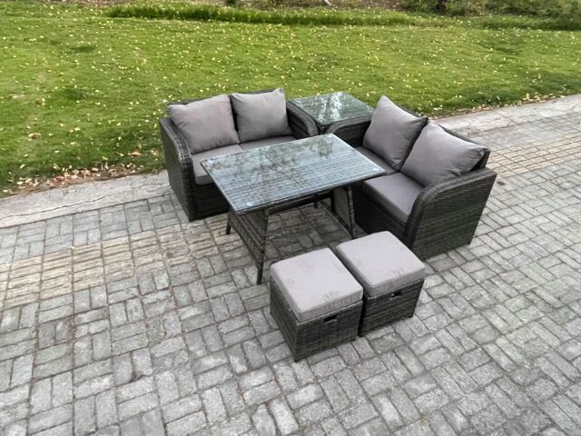 Fimous Outdoor Garden Furniture Sets 6 Pieces Wicker Rattan Furniture Sofa Sets with Rectangular Dining Table in Dark Grey - image 1