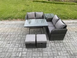 Fimous Outdoor Garden Furniture Sets 6 Pieces Wicker Rattan Furniture Sofa Sets with Rectangular Dining Table in Dark Grey - thumbnail 2