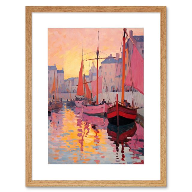 Artery8 Wall Art Print Sailboats Reflecting in Harbour Water Pink Orange Sunset Oil Painting Anchoring by Promenade Artwork Framed 9X7 Inch - image 1