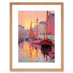 Artery8 Wall Art Print Sailboats Reflecting in Harbour Water Pink Orange Sunset Oil Painting Anchoring by Promenade Artwork Framed 9X7 Inch - thumbnail 1
