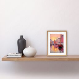 Artery8 Wall Art Print Sailboats Reflecting in Harbour Water Pink Orange Sunset Oil Painting Anchoring by Promenade Artwork Framed 9X7 Inch - thumbnail 2