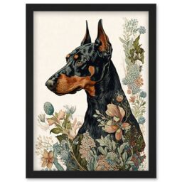 Artery8 Doberman Dog with Wild Flowers Boho Watercolour Illustration Artwork Framed Wall Art Print A4 in Black - thumbnail 1