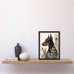 Artery8 Doberman Dog with Wild Flowers Boho Watercolour Illustration Artwork Framed Wall Art Print A4 in Black - thumbnail 2