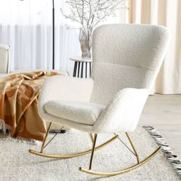 Wyld and Coco White Bouclé Rocking Armchair Gold Metal Legs Retro Traditional